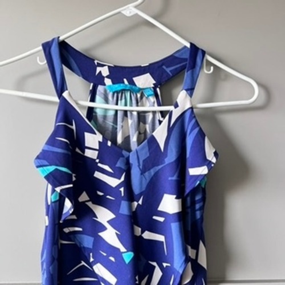 Tori Richard Hawaiian Womens XXS Blue Geometric Ruffle Tropical Tank Top Aloha - Picture 3 of 9